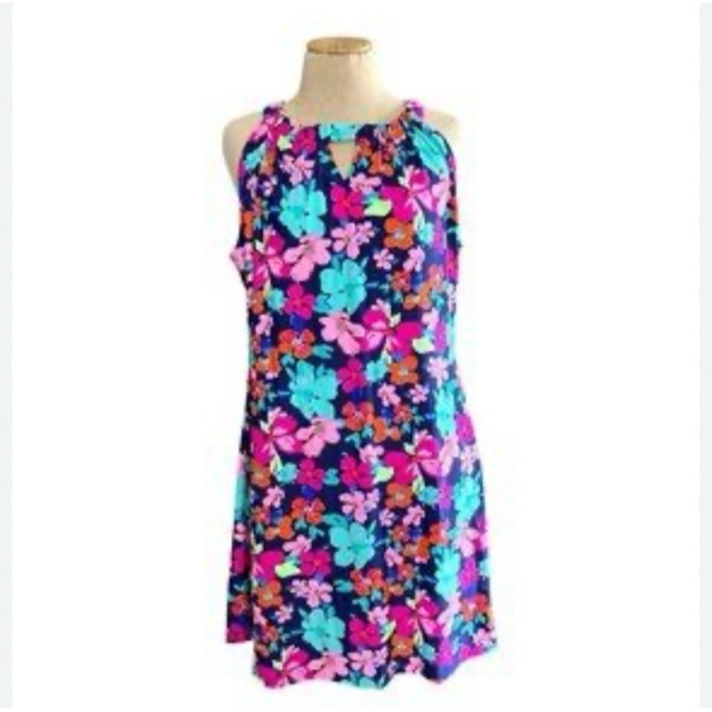 Areyah Multicolor Floral Halter Midi Dress Size Large Scalloped Edge Sleeveless - Picture 1 of 11